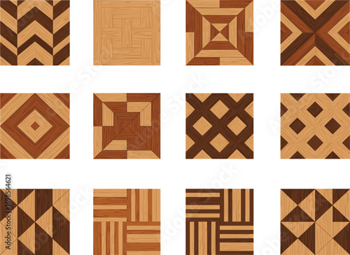 Collection of Wooden Floor Tile Patterns with Geometric Designs for Interior Decoration, Flooring Inspiration, or Architectural and Home Design Vector Illustration Projects