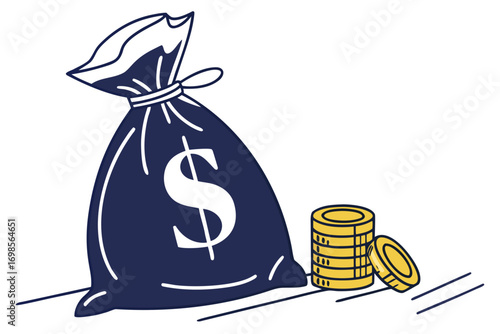 Money bag with dollar sign and stack of coins