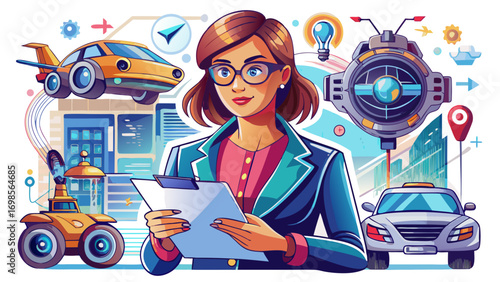 Close-up portrait of female autonomous vehicle designer reviewing schematics. White background emphasizes creativity, technology, and modern travel.