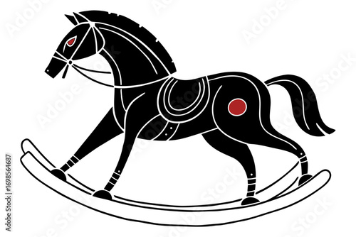 Stylized black rocking horse with red accents