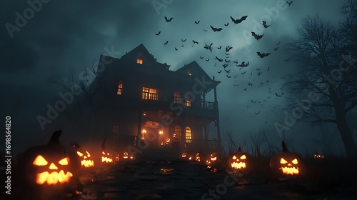 Halloween spooky haunted house glowing pumpkins bats flying cinematic dark foggy night