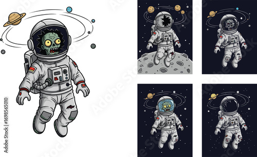 Zombie astronaut in outer space, horror sci-fi cartoon character, scary undead spaceman clipart, Halloween space theme vector illustration design