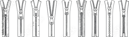 Hand-Drawn Zipper Technical Illustrations Set, Front View of Different Zipper Teeth and Puller Designs with Tape Details for Fashion and Garment Design