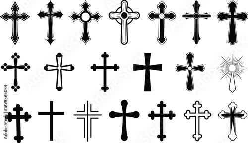 Set of Christian cross symbols, religious vector collection, black and white crucifix designs, holy faith icons, spiritual church artwork, graphic