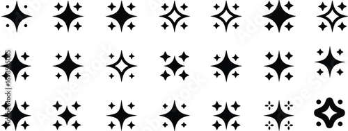 Sparkle icons set, black star symbols, shiny glitter elements, minimal twinkle shapes, sparkle clipart, decorative star collection, vector design