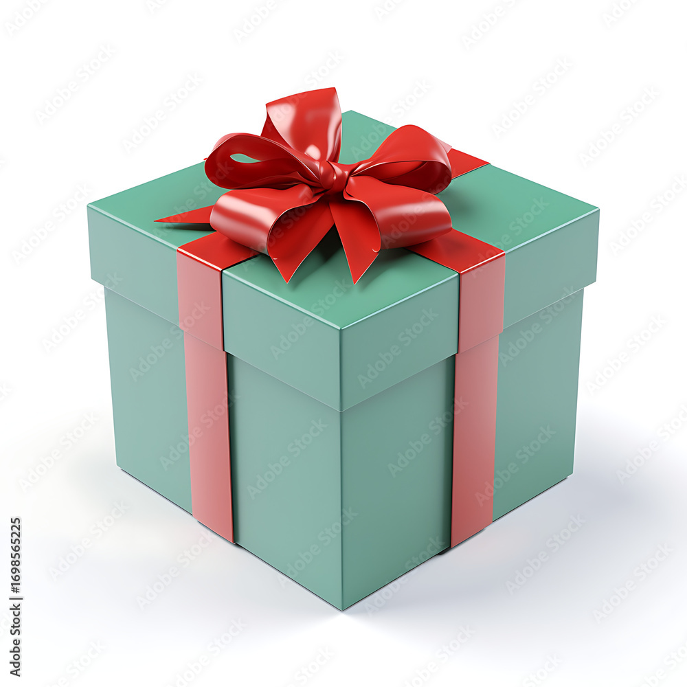 Obraz premium Elegant teal gift box adorned with a vibrant red ribbon and bow, perfect for celebrations, holidays, and special occasions, ready to delight recipients with thoughtful presents and joy.