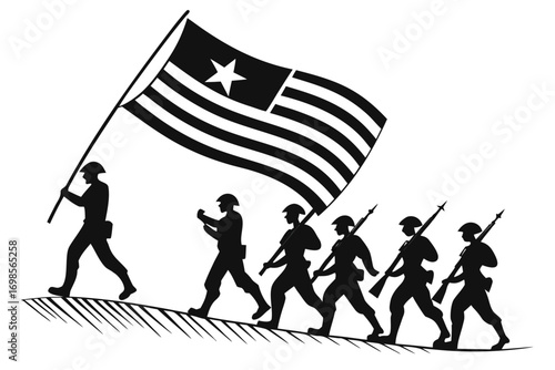 Soldiers marching with a flag