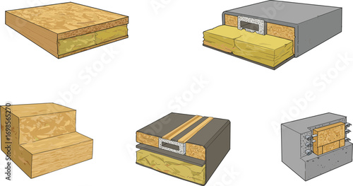 Isometric construction insulation materials illustration showing layered wood, concrete, and insulation foam for building thermal and soundproofing applications.