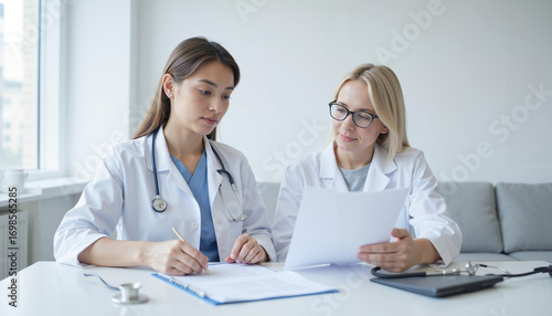 Two female doctors reviewing patient documents in modern clinic  