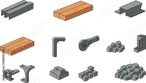 Isometric construction materials and tools vector illustration including metal beams, wooden planks, metal brackets, stones, and an electric angle grinder tool.