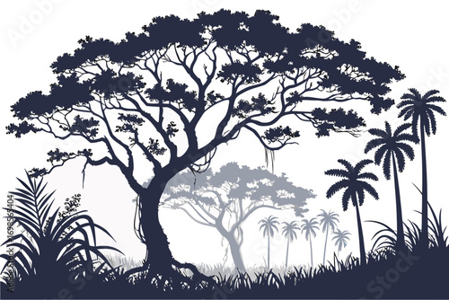 Silhouette of a lush tropical jungle scene with diverse trees and foliage