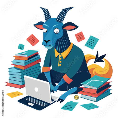 Blue goat wearing shirt and tie sits with laptop surrounded by stacks of books and papers animal