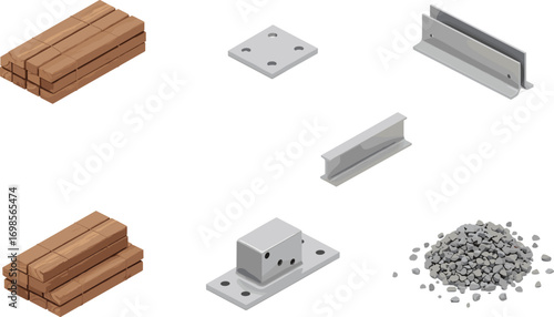Isometric construction materials set including stacked wooden planks, metal plates, steel beams, and gravel pile, detailed vector illustration for building projects.