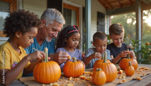 Family carving pumpkins together on porch during autumn season  