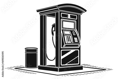 Black and white illustration of a modern gas pump with a keypad and screen