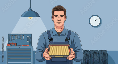 Mechanic holding air filter in car service