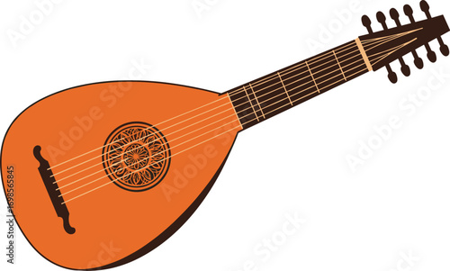 Vintage classical lute musical instrument, wooden stringed instrument, medieval guitar, traditional folk music, acoustic lute, handcrafted musical instrument, 