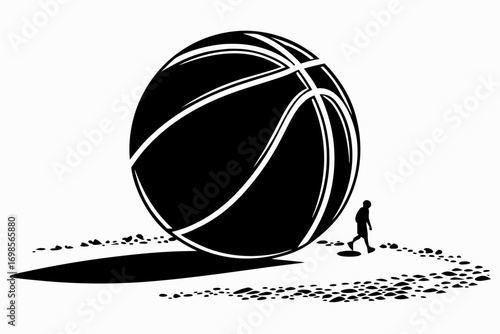 Giant basketball looms over tiny person on rocky path