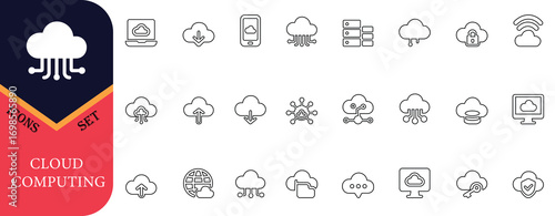 Minimal cloud computing icon set featuring upload, download, server, data storage, security and network symbols, perfect for digital and tech projects.