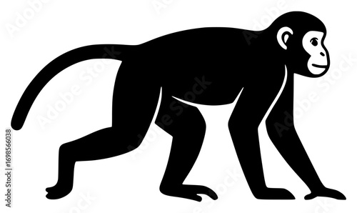 Black silhouette of a monkey walking on a white background