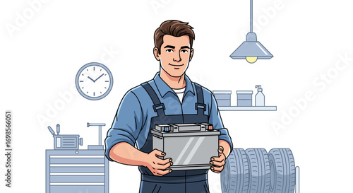 Male mechanic holding car battery in garage