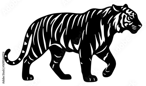Black and white tiger silhouette walking