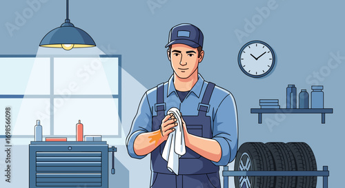 Male mechanic in cap wiping hands with rag in garage