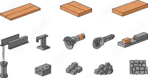 Isometric vector illustration of construction tools, wood planks, metal beams, stones, bricks, and industrial materials for building and engineering projects.