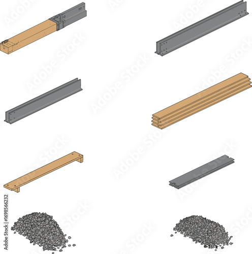 Isometric vector illustration of steel and wooden construction materials, concrete gravel piles, beams, and brackets used in building and structural engineering projects