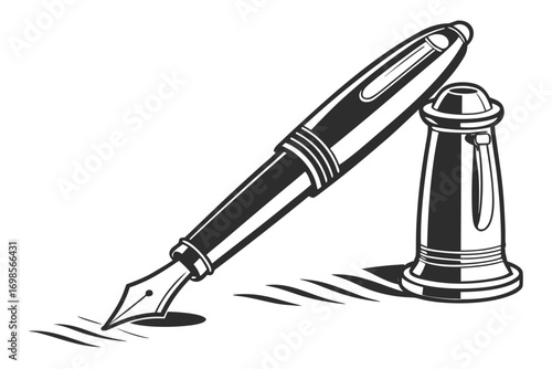 Elegant fountain pen with cap and writing strokes
