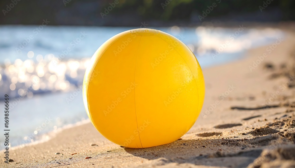 Obraz premium Yellow beach ball resting on a sandy shore near gentle ocean waves