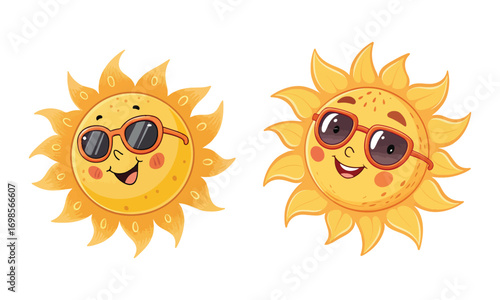 Cute Cartoon Sun with Sunglasses Smiling Sunny Characters Illustration