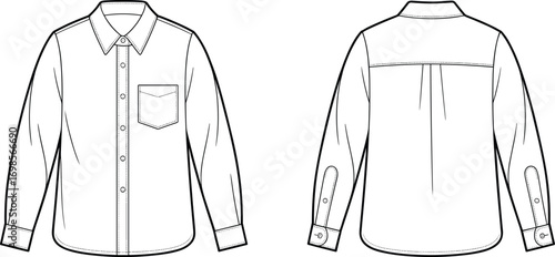 Men's Casual Button-Down Shirt Technical Drawing, Front and Back View, Long Sleeve Shirt with Pocket, Cuffs, and Collar Fashion Design Template