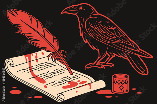 Raven and bloodied quill on scroll