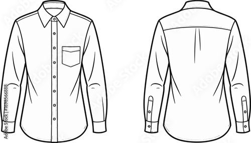 Men's Shirt Line Art Vector Illustration, Front and Back View Technical Drawing, Long Sleeve Button-Down Shirt with Pocket and Collar Design Template