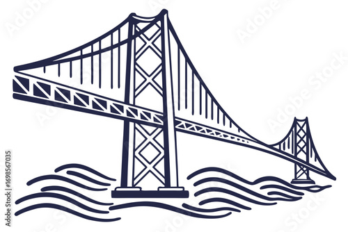 Stylized bridge silhouette over wavy water