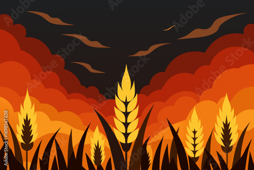 Wheat field under a fiery sky with birds flying