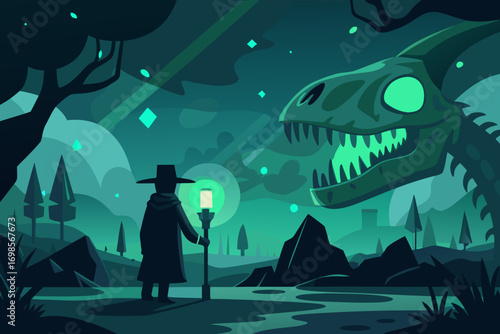 Wizard with lantern confronts a dragon skeleton