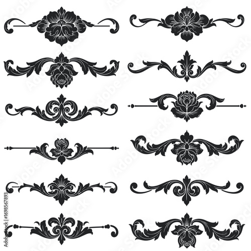 Ornamental black floral design elements in vintage style  