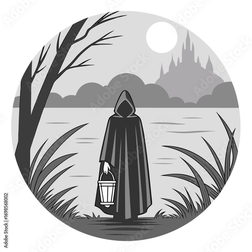 Figure in a cloak holding a lantern by a lake