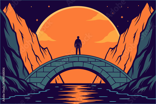 Man standing on bridge looking at sunset over mountains