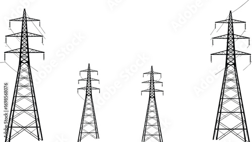 Silhouettes of Multiple Electricity Transmission Towers, Power Line Infrastructure Vector Illustration, Energy Supply Concept, Industrial Landscape, Electrical Grid Network Design