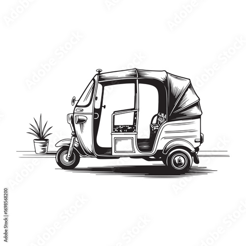 Artistic rendition of a classic tuk tuk rickshaw in black and white line art showcasing vintage transportation and cultural charm perfect for travel and design projects