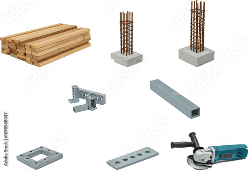 Vector Illustration of Construction Tools and Materials Including Lumber, Rebar Columns, Steel Brackets, Concrete Base, Grinder and Metal Components