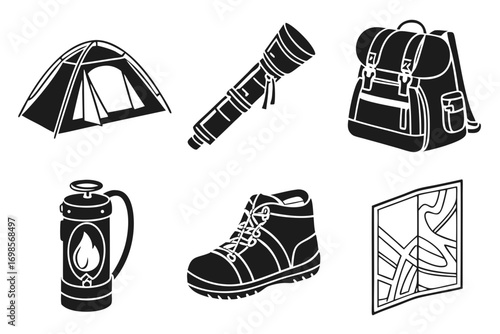 Camping and hiking gear icons