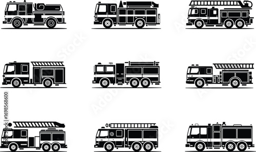 Vector Illustration Set of Fire Trucks with Ladders and Equipment for Emergency Rescue Services, Firefighting Vehicles in Black Silhouette Style