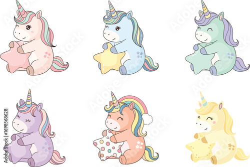 Cute cartoon unicorns with colorful manes holding star and polka dot pillows in whimsical fantasy style for children’s vector illustration art