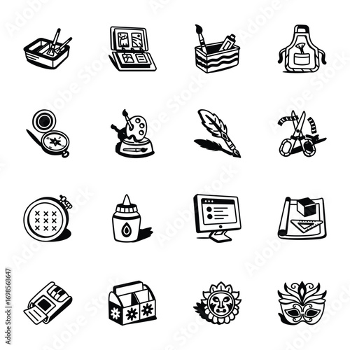 Modern Set of Craft Supplies and Art Tools Doodle Icons