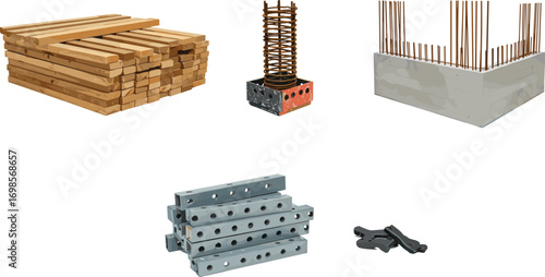 Vector Set of Construction Materials Including Lumber, Rebar, Concrete Foundation, Scaffolding Parts and Structural Steel Elements for Building Projects