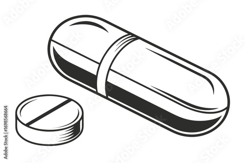 Stylized illustration of a capsule and a pill